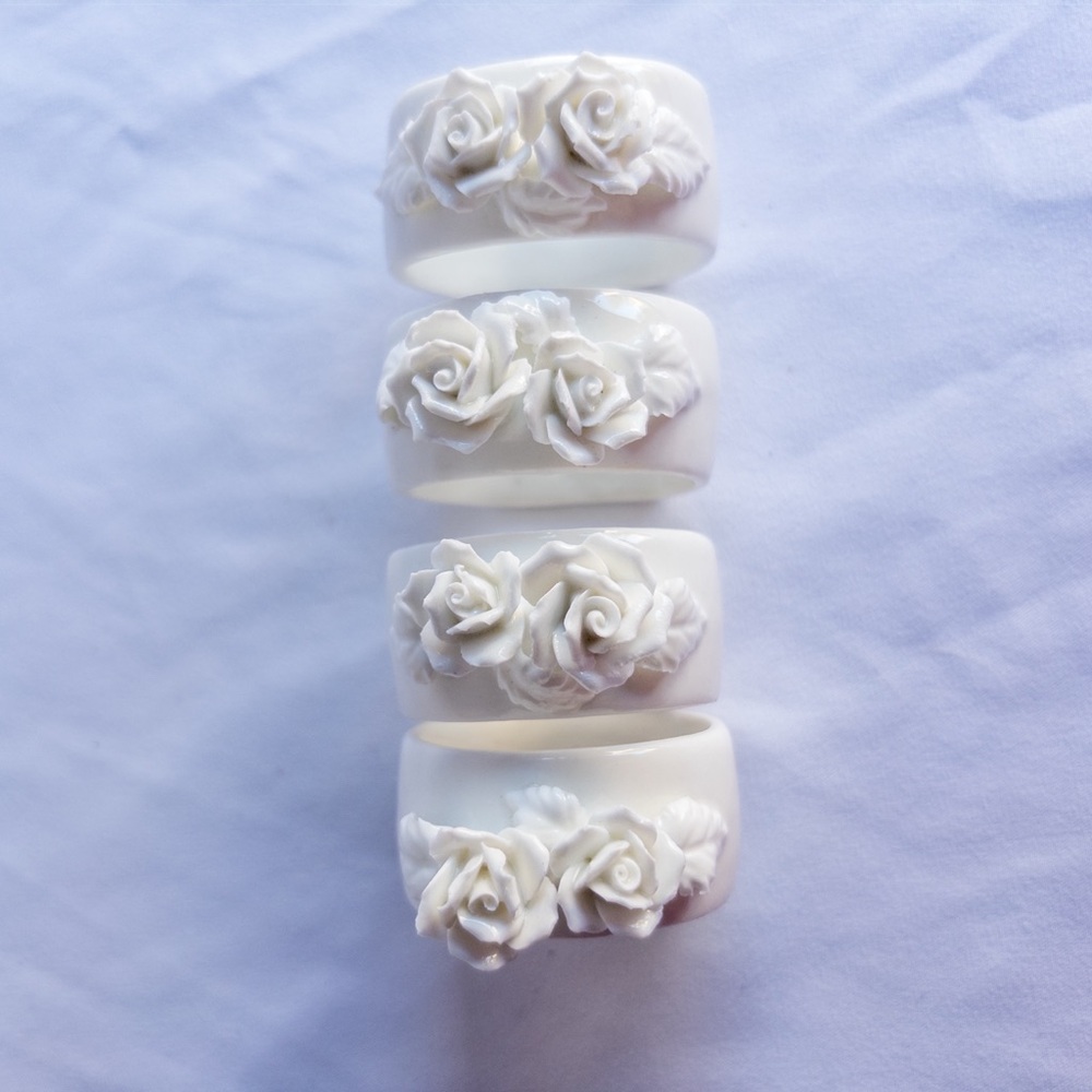 Vintage Genuine Bone China Rose Napkin Rings Set of 4 White Floral Taiwan